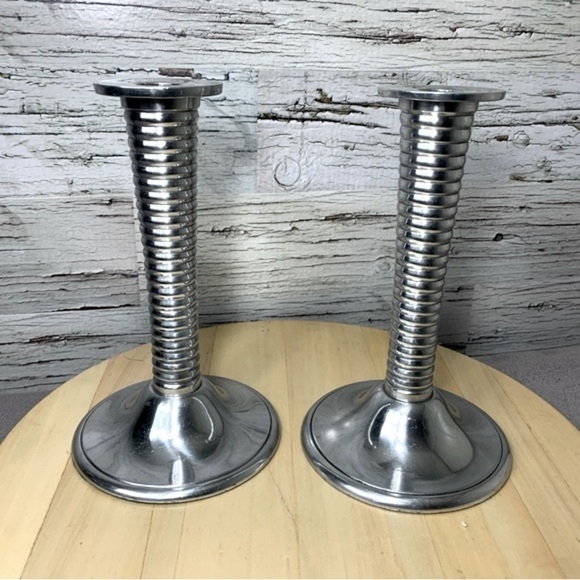 vintage Chrome Art Deco Inspired Tall Candlestick Holder Set Swirled Leg Stand - Picture 1 of 11